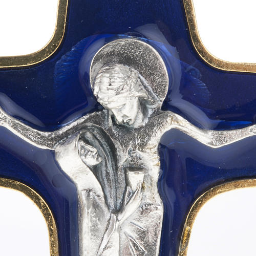 Tischkreuz mit Christus und Maria mit Kelch aus blauen Metall. 2