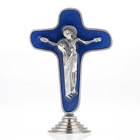 Crucifix de table métal argenté bleu Marie avec calice