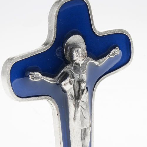Crucifix de table métal argenté bleu Marie avec calice 2