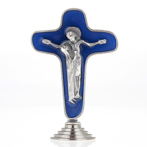 Crucifixo de mesa metal prateado azul Maria com cálice 1