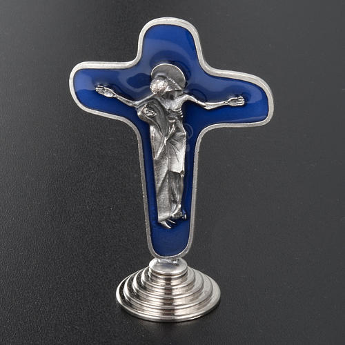 Crucifix with Maria and Chalice blue and silver plated metal. 3