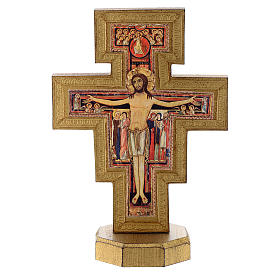 Kruzifix von San Damiano aus Holz mit goldenen Rand.