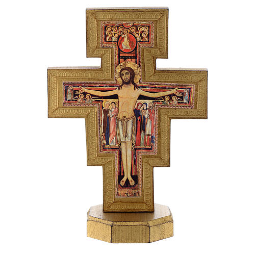 Kruzifix von San Damiano aus Holz mit goldenen Rand. 1