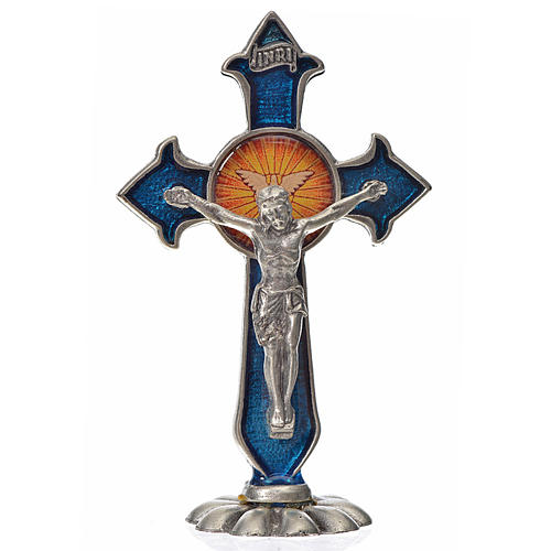 Holy Spirit cross, pointed, in zamak and blue enamel 7x4.5cm 1