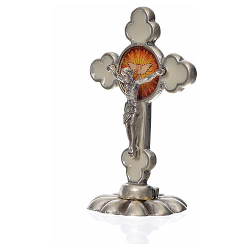 Holy Spirit table cross, trefoil in zamak and white enamel 5.2x3 4