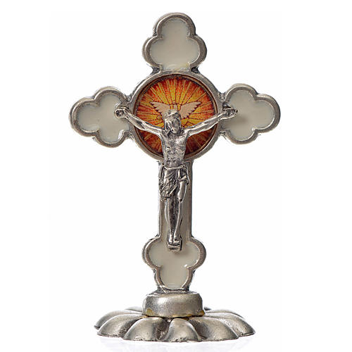 Krzyż Ducha Świętego zakończenia forma koniczyna na stół zama emalia biała 5,2 X 3cm. 1