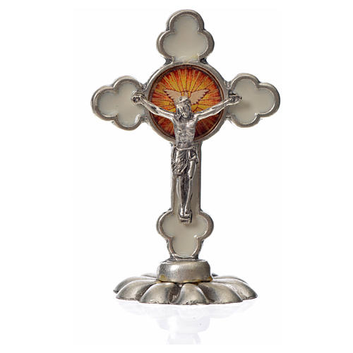Holy Spirit table cross, trefoil in zamak and white enamel 5.2x3 3