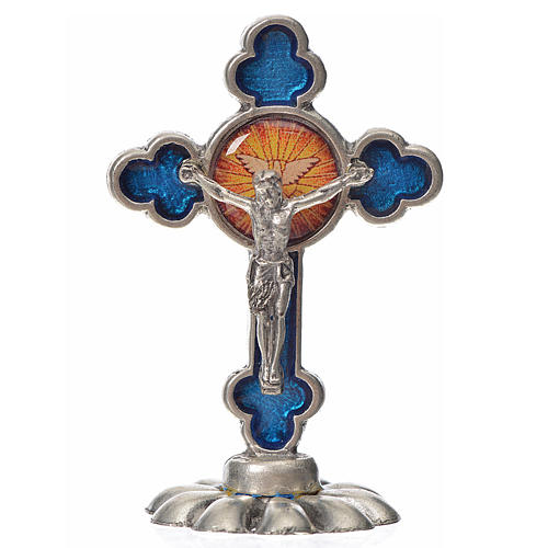 Holy Spirit table cross, trefoil in zamak and blue enamel 5.2x3. 1