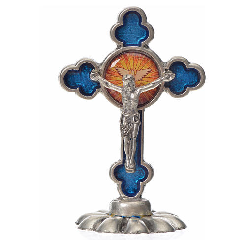 Holy Spirit table cross, trefoil in zamak and blue enamel 5.2x3. 3