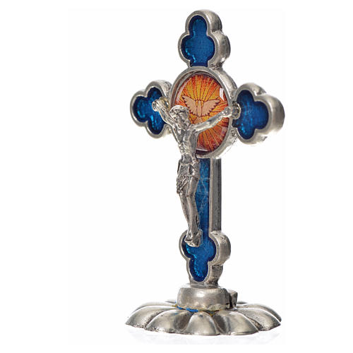 Holy Spirit table cross, trefoil in zamak and blue enamel 5.2x3. 4