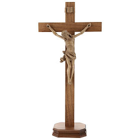 Patinated table crucifix, Corpus model in Valgardena wood