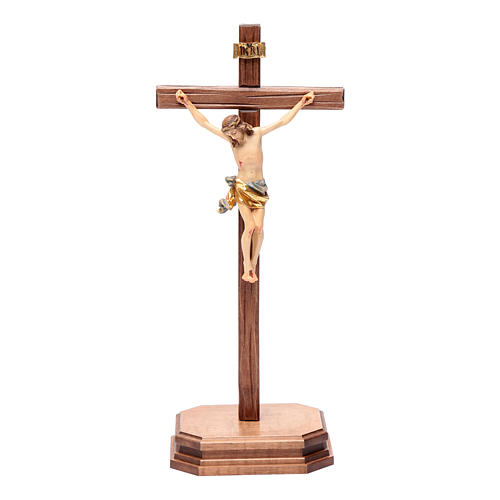 Sculpted table crucifix, Corpus model in painted Valgardena wood 1