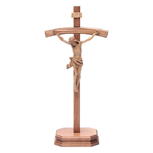 Sculpted crucifix with base in patinated Valgardena wood 1