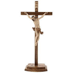 Crucifixo mesa cruz recta esculpida Val Gardena pátina múltipla