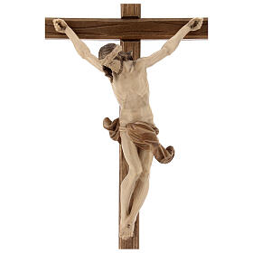 Crucifixo mesa cruz recta esculpida Val Gardena pátina múltipla