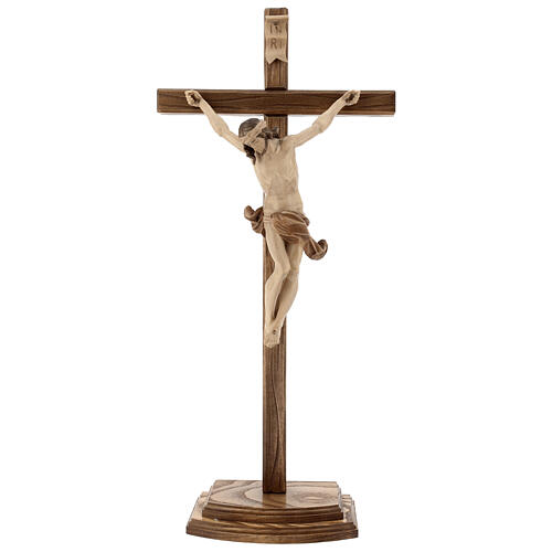 Crucifixo mesa cruz recta esculpida Val Gardena pátina múltipla 1