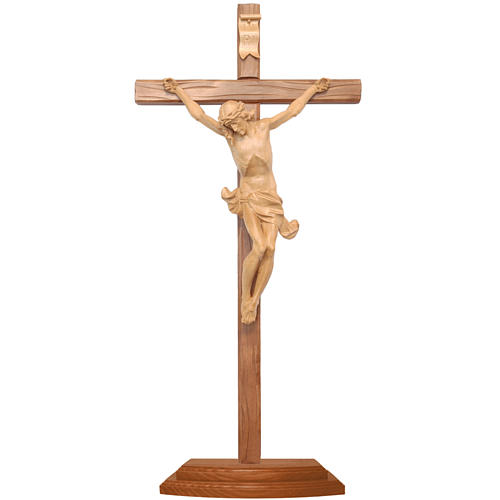 Crucifixo mesa cruz recta esculpida Val Gardena patinado 1