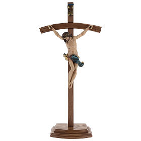 Curved crucifix with base, 42cm Valgardena wood antique gold