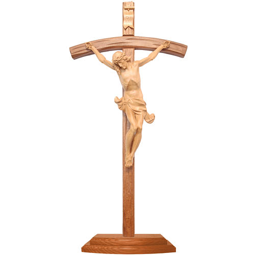 Crucifixo mesa cruz curva esculpida Val Gardena patinado 1