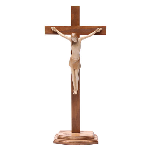 Crucifixo com base estilizado madeira Val Gardena pátina múltipla 1