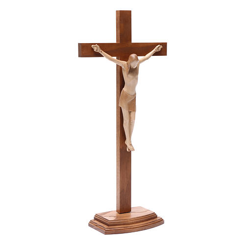 Crucifix with base in multipatinated Valgardena wood, stylised 3