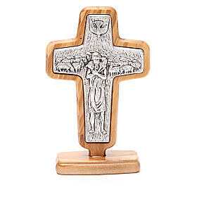Altar crucifix in metal With Pope Francis, olive wood 13x8.5cm