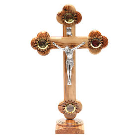 Trefoil Cross with base olive wood Holy Land earth seeds 31cm