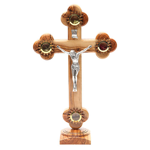 Trefoil Cross with base olive wood Holy Land earth seeds 31cm 1