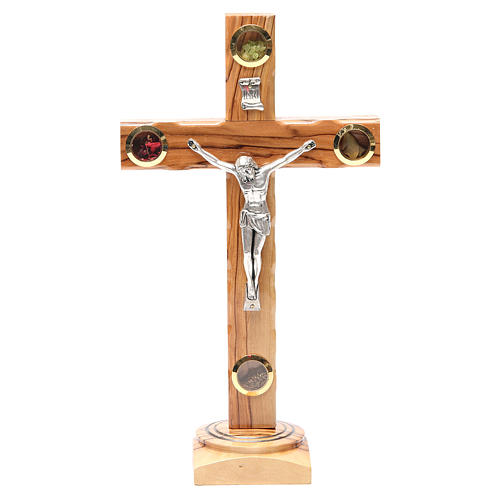 Table Crucifix olive wood Holy Land earth & seeds 28cm 1