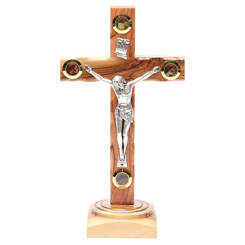 Crucifix sur base olivier Terre Sainte terre et grains 23 cm 1