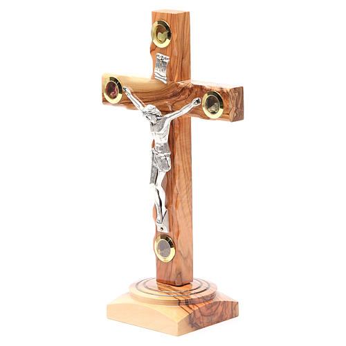 Table Crucifix olive wood Holy Land earth & seeds 23cm 2