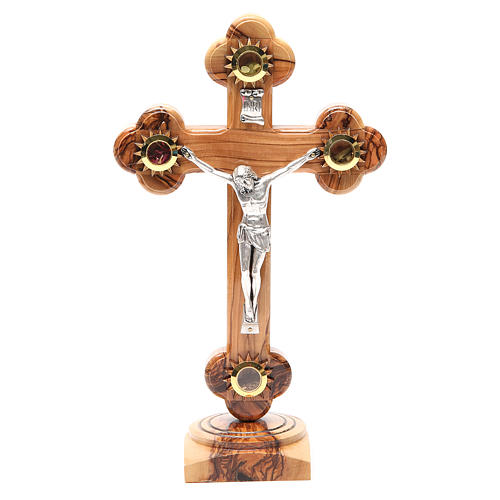 Trefoil Cross with base olive wood Holy Land earth seeds 26cm 1
