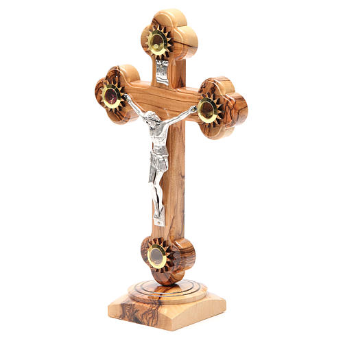 Trefoil Cross with base olive wood Holy Land earth seeds 26cm 2