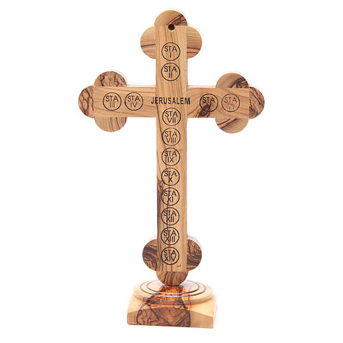 Trefoil Cross with base olive wood Holy Land earth seeds 26cm 3