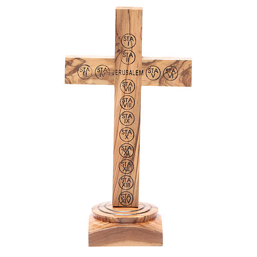 Table Crucifix olive wood Holy Land earth & seeds 19cm 3