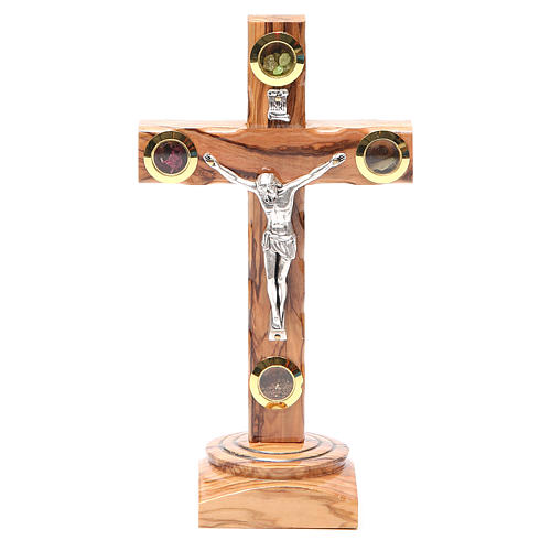 Table Crucifix olive wood Holy Land earth & seeds 19cm 1