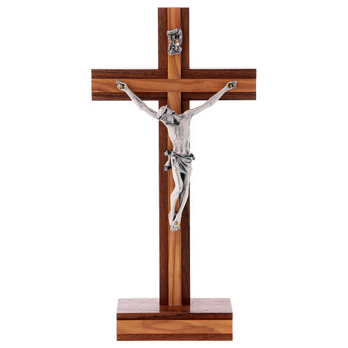 Crucifix de table bois noyer insert olivier 1