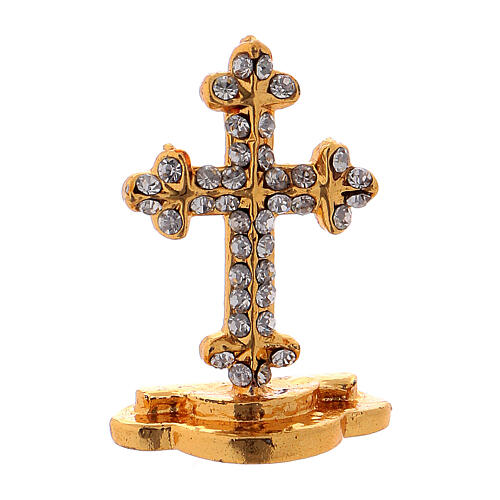 Table cross in gilded brass covered with white synthetic stones 3.5 cm 1