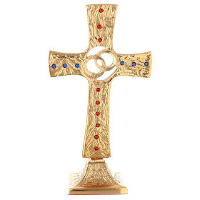 Wedding cross with crossed rings, gold plated brass, crystals