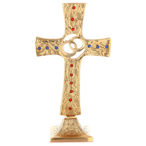 Wedding cross with crossed rings, gold plated brass, crystals 1