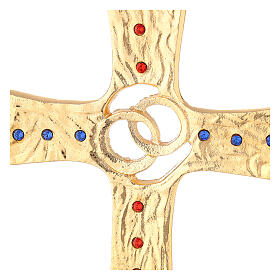 Krzyż na ślub, splecione obrączki, mosiądz pozłacany i kryształy