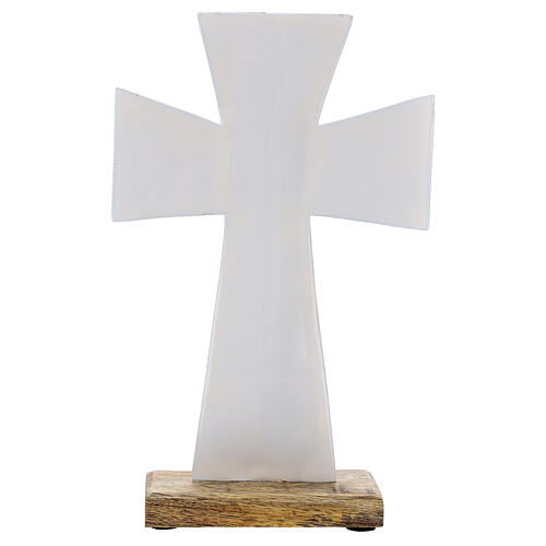 Tischkreuz aus weiß emailliertem Eisen mit Holzsockel, 20 cm 3