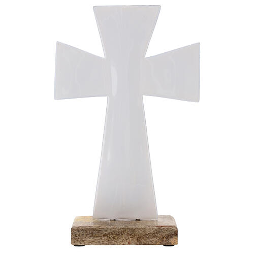 Croix de table émail blanc 26 cm fer bois 3