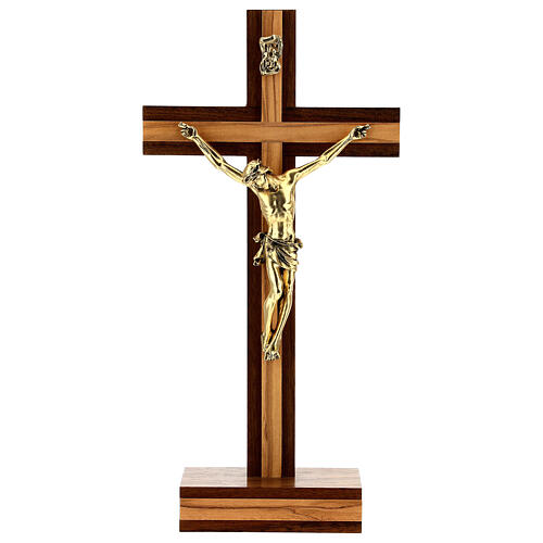 Tischkruzifix aus Nussbaumholz mit Einsatz aus Olivenbaumholz und mit vergoldetem Christuskőrper, 21 cm 1