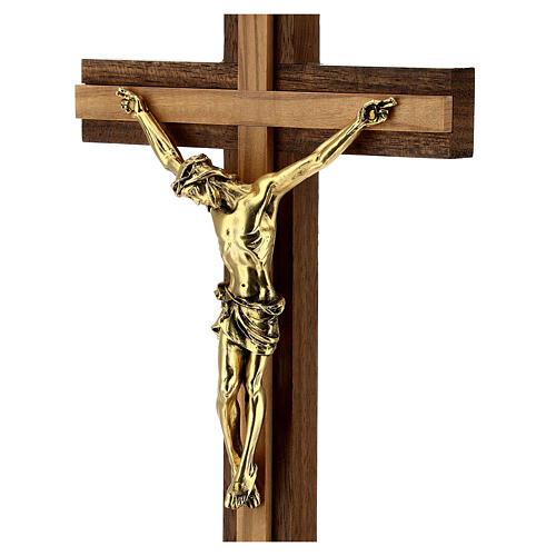 Tischkruzifix aus Nussbaumholz mit Einsatz aus Olivenbaumholz und mit vergoldetem Christuskőrper, 21 cm 2