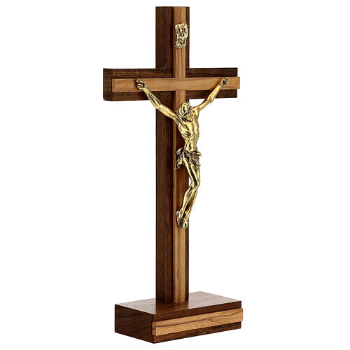 Walnut standing crucifix with olivewood insert, gold plated body, 21 cm 4