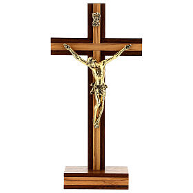 Crucifixo de mesa madeira de nogueira com encaixe em madeira de oliveira corpo dourado 21 cm