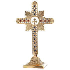 Crucifixo de mesa flores latão dourado cristais corados h 25 cm