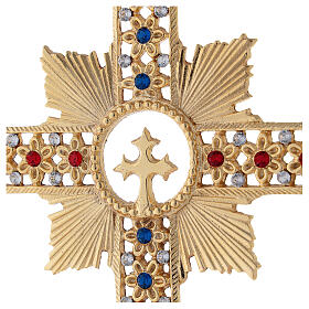 Crucifixo de mesa flores latão dourado cristais corados h 25 cm