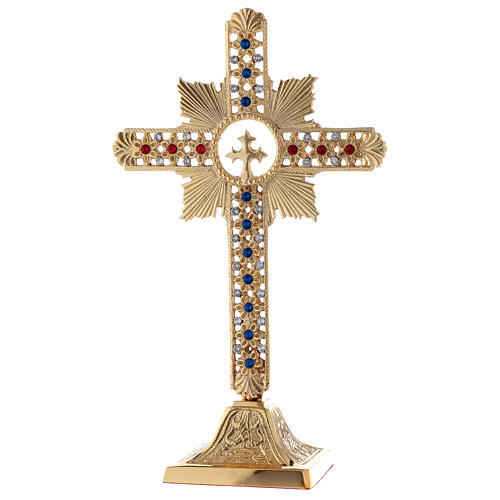 Floral table cross in golden brass with colored crystals h 25 cm 1
